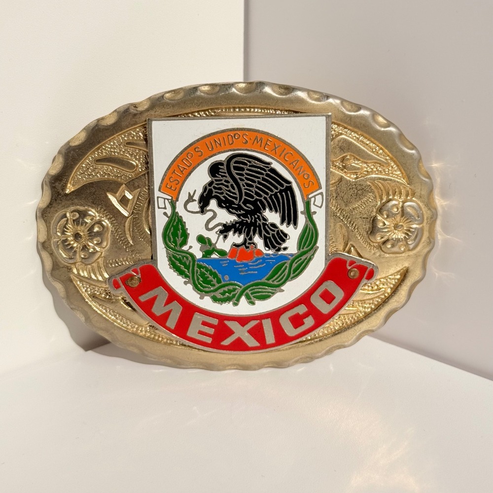 Vintage‎ Mexico Coat of Arms Belt Buckle Gold Tone Enamel Western Made in USA